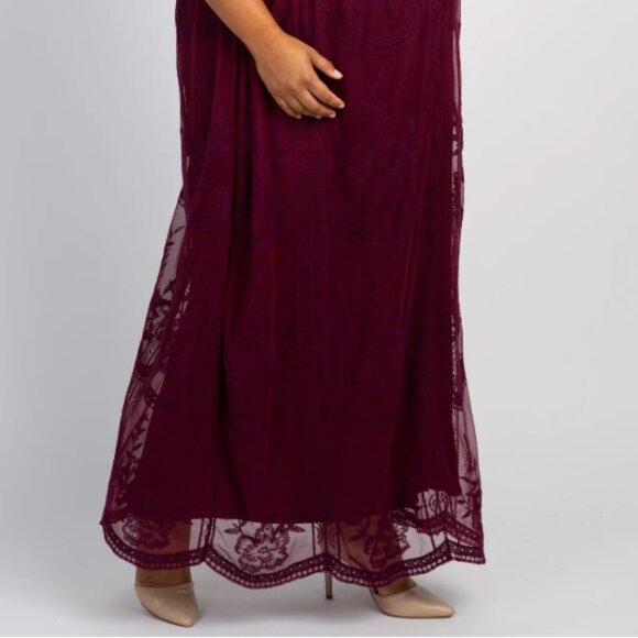 PinkBlush Burgundy Lace Mesh Overlay Plus Maternity Maxi Dress, 2X - Picture 2 of 5